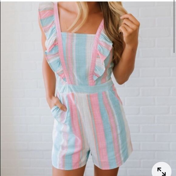 Vici Cotton Candy Pastels Striped Ruffled Romper M shorts linen - Picture 1 of 6